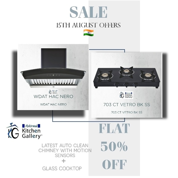 FLAT 50% OFF INDEPENDENCE DAY OFFEROn Latest Elica Auto Clean Chimney with Motion Sensors and Elica Glass Cooktop.Till 15th August.Book your tokens or Buy today only.Ashirwad Kitchen Gallery, Indore Elica Call for Bookings.