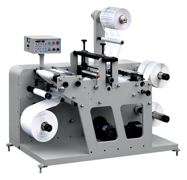 1) Main Features: a. This machine is the necessary auxiliary equipment for label making. b. The machine used for narrow width reel material slitting. It added one station of rotary die cutting. The rotary die can be magnetic or normal solid die, the size can be special made as per request. c. Automatic meter counting and number counting. d. Photocell tracking in unwinding unit.2)Main technical specifications: Slitting speed 120m/minute Rotary die cutting speed 60m/minute Rotary die cutting circumference 177-476mm Max width of material 320mm Max unwinding diameter 500mm Max rewinding diameter 480mm Overall dimensions 1.60(L)×1.3(W)×1.35(H) Meter Weight About 800kg