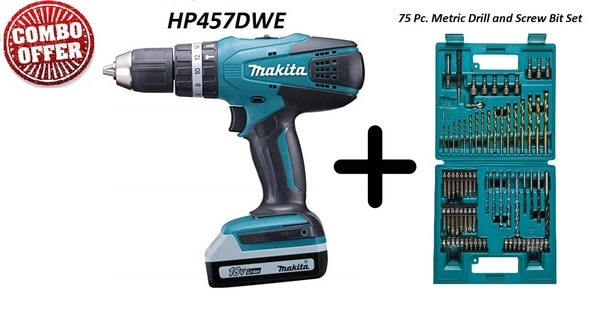 MAKITA HP457DWE, 18V Li-Ion 13mm Cordless Hammer Driver Drill + 75 Pc. Metric Drill and Screw Bit Set B-49373 (COMBO) 