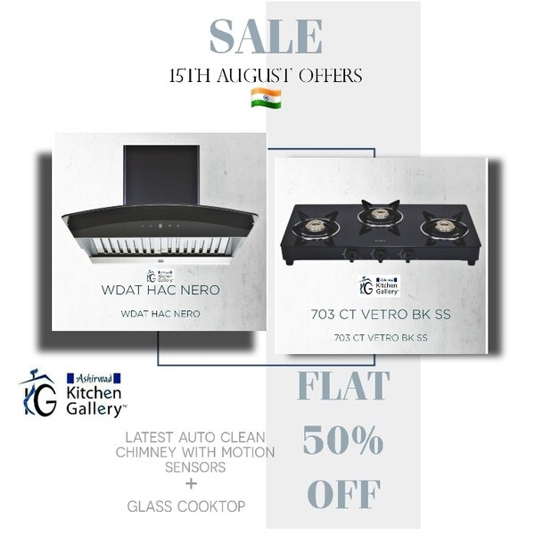 FLAT 50% OFF INDEPENDENCE DAY OFFER On Latest Elica Auto Clean Chimney with Motion Sensors and Elica Glass Cooktop. Till 15th August. Book your tokens or Buy today only. Ashirwad Kitchen Gallery, Indore Elica Call for Bookings.