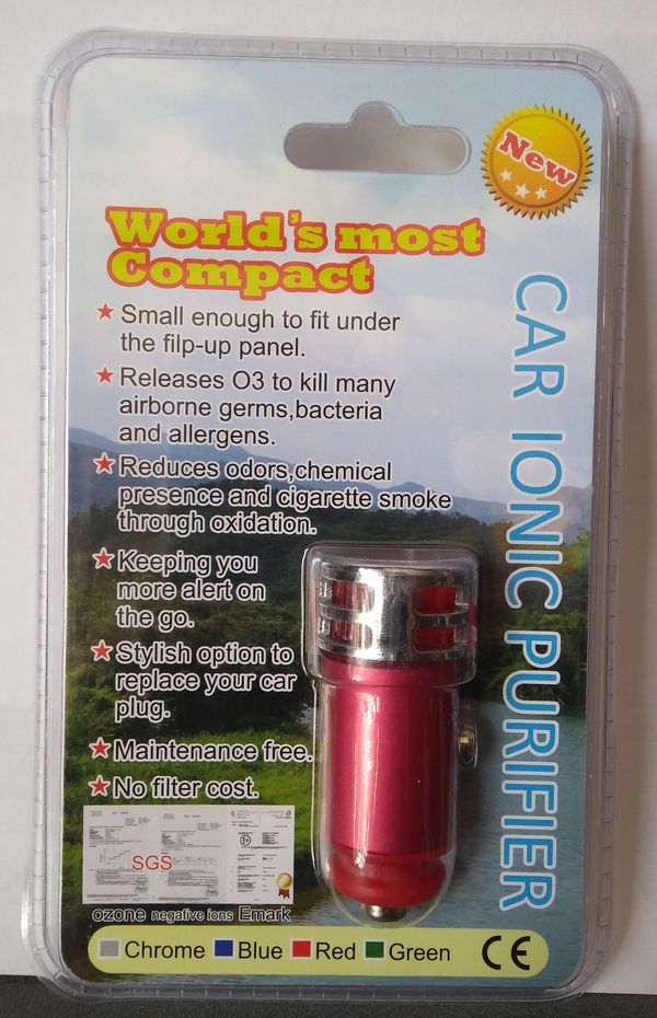 Ozone Car Air Purifier. . Release O3 to kill Many Airborne Germs, Bacteria and allergens. Reduces odors, chemical presence and cigarette smoke through oxidation.. Maintenance Free. No Filter Cost.. Working Voltage: 12V DC. Negative Ion Concentration: 1.230,000 ions per c.c.. Ozone Concentration: < 0.05 ppmPatent PendingCleans air when you drive. It emits low level concentration anions and O3 to sanitize the interior air.