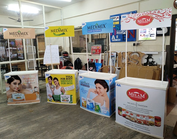 Promotional tables are ideal for product promotions. They are portable, handy, convenient & optimal for promotions. They can be easily taken in a 2 wheeler. Very light weight and can be easily set up and dismantled. it is one of the cost effective solutions for new product display and promotion at malls, offices, supermarkets, department stores. The products can be displayed on the top. Marketing collaterals & more products can be kept in the shelf below which is used for sales.