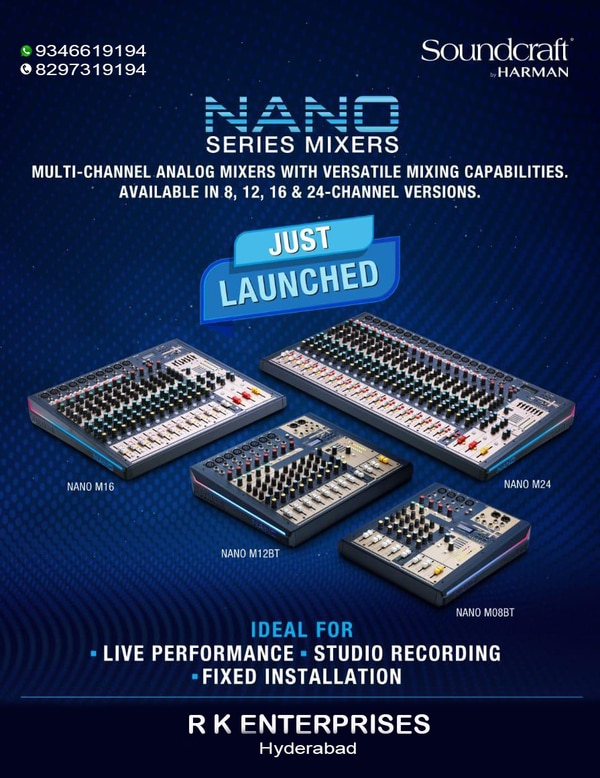 HARMAN Professional Launches Nano Series: USB and Bluetooth Enabled Mixers by SoundcraftThe new compact mixers deliver legendary Soundcraft performance for home-studio workstations, small PA systems, retail stores, small live-music venues and more!HARMAN Professional Solutions, the global leader in audio, video, lighting and control systems, today announced new Soundcraft Nano Series compact mixers for India. Available in four models, the Nano M08BT, Nano M12BT, Nano M16 and Nano M24 mixers support a wide range of sources, including microphones, musical instruments, digital playback, recording and more. In addition to versatile compatibility, the mixers feature playback and recording from a USB flash drive, simple Mac and PC connectivity via USB and physical vertical faders, for easy level control and operation.“As leaders in the professional audio, we understand that there is an evolving need for products that are agile and cater to various requirements. The excellent performance of Soundcraft Nano Series Mixers will satisfy users' multiple tuning needs at a time when consumers are looking for quality and versatility in professional products