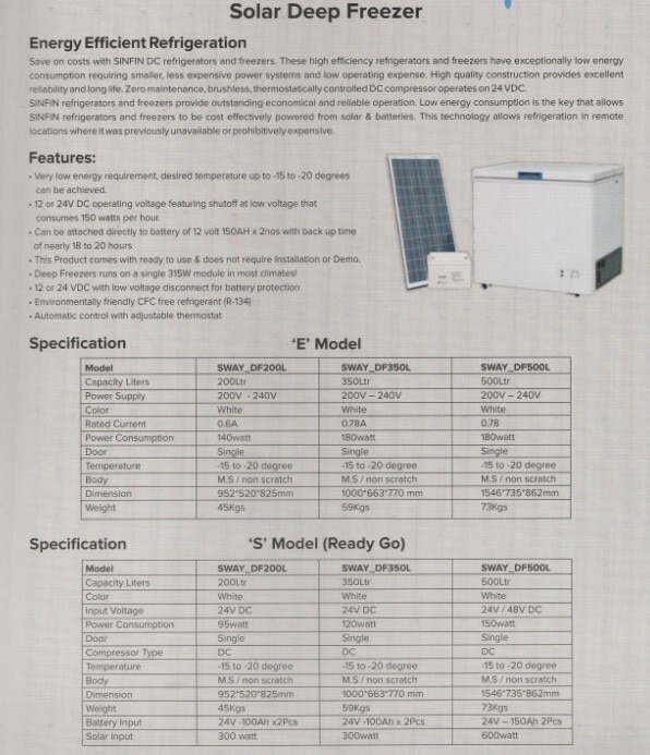 Very Low Energy Requirement, Desired Temperature up to minus 20 degrees, Requires only one 330 W Solar Panel, R-134 Gas, Highly Environmental Friendly CFC free refrigerant, Auto control with adjustable thermostat