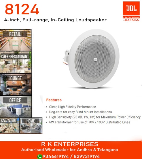 4-inch, Full-range, In-Ceiling LoudspeakerThe 8124 is a 4-inch, full-range, cost-effective loudspeaker for commercial applications. The 8124 features high-fidelity performance in an easy to install package. The system’s high sensitivity drivers deliver maximum sound levels using minimal amplifier power. With its contemporary grill design, 70V/100V taps and an open-back design, the 8100 series brings elegance and performance to basic commercial sound systems, or any application not requiring a backcan for installation.FeaturesClear, High-Fidelity PerformanceDog-ears for easy Blind Mount InstallationsHigh Sensitivity (93 dB, 1W, 1m) for Maximum Power Efficiency6W Transformer for use of 70V / 100V Distributed Lines
