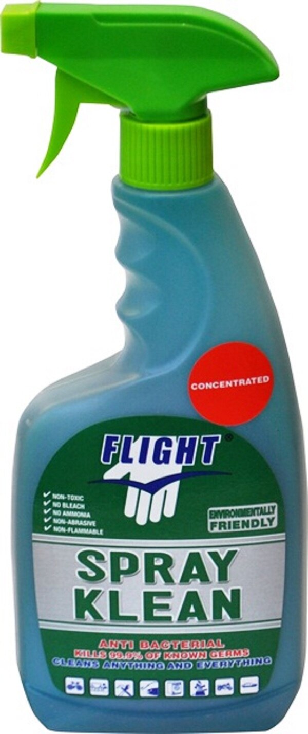 FLIGHT SPRAY KLEAN 5LT (4)• Tested by the SABS and is proven to kill 99.9% of all known bacteria.• Registered with the NRCS as an Anti-Bacterial detergent.• Biodegradable• Non Toxic• Contains no Bleach or Ammonia• Non-abrasive• Non Flammable• Multi-Purpose Detergent• Can be diluted up to 25:1or used in its concentrated form.DIRECTIONS FOR USE:For full anti-bacterial effect spray on and leave for 5 minutes wipe off• Around the HomeCarpets, Upholstery, Walls, Ovens, Floors, Windows, Bathrooms, Showers, Mildewed areas, Tiles, Mirrors, Kitchen Surfaces, Food preparation surfaces, Braais, Braai grills and much more• GarageFloors, Oil spills, Grease marks, Tools, Engines, Sports equipment, work surfaces• OfficeWork surfaces, Stainless steel furniture and fixtures, Glass, Carpets, Machinery