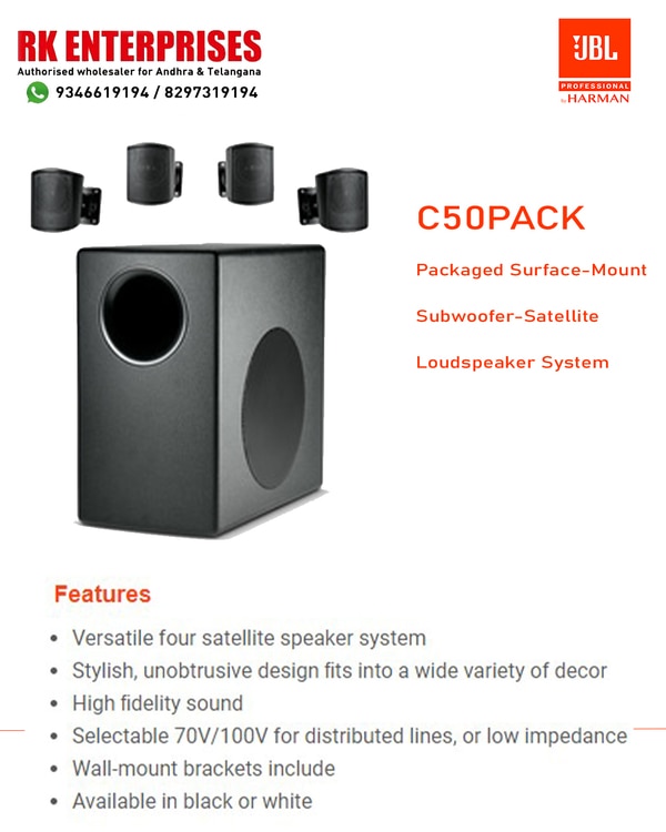 Packaged Surface-Mount Subwoofer-Satellite Loudspeaker SystemThe Control 50 Series subwoofer-satellite loudspeaker system provides high fidelity sound in restaurants, retail stores, music cafes, health clubs, theme bars, leisure venues, or any location where full-range high fidelity foreground/background music is required from surfacemount system.FeaturesVersatile four satellite speaker systemStylish, unobtrusive design fits into a wide variety of decorHigh fidelity soundSelectable 70V/100V for distributed lines, or low impedanceWall-mount brackets includeAvailable in black or white