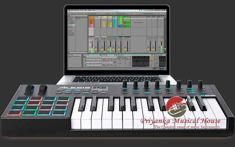 VI25 Advanced 25-Key USB/MIDI Keyboard ControllerFEATURES25 full-sized, square-front, semi-weighted keys with aftertouch16 velocity-sensitive trigger pads with illuminated RGB feedback for beat production and clip launching24 assignable buttons and 8 assignable knobs interface with your music softwarePitch and modulation wheels deliver expressive, creative controlSeamless visual feedback via LED screen and illuminated buttons and knobsUSB MIDI and 5-pin MIDI Out offer flexible MIDI connectivityUSB-powered and plug-and-play support for Mac and PCProduction software included: Ableton Live Lite and Xpand!2 by AIR Music Tech (downloads)CONTENTSVI25 MIDI Keyboard ControllerUSB CableAbleton Live Lite (Download)Xpand!2 by AIR Music Tech (Download)User GuideSafety & Warranty Manual