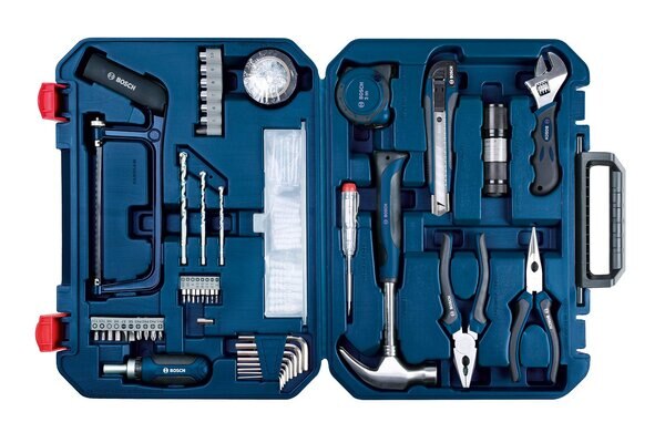 Material: Plastic, Color: BlueItem Dimension: 370mm x 270mm x 85mmPackage Contents: 9-Pieces Screwdriver Bits, 6-Pieces Hexagon Socket Wrench, 8-Pieces Precision Bits, 2-Pieces Adaptors, 1-Piece Ratchet Hand Screwdrivers, 8-Pieces Allen Keys, 3-Pieces Masonry Drill Bits, 30-Pieces S-Plugs, 30-Pieces Screws, 1-Piece Flat-Nose Pliers, 1-Piece Combination Pliers, 1-Piece Tester, 1-Piece Hammer, 1-Piece Cutter, 1-Piece Measuring Tape 3m, 1-Piece Insulation Tape, 1-Piece Torch, 1-Piece Wrench, 1-Piece HandsawNo warranty is applicable on this product108-piece tool kitHigh qualityMade of metal