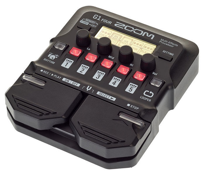 FEATURES:G1 FOUR offers over 60 built-in effects13 amp models for simulating classic rigsUp to 5 effects can be used simultaneously, chained together in any orderLooper for recording up to 30 seconds / 64 beats of CD-quality audio with seamless start and end timesZOOM Guitar Lab software for creating, editing and managing effects and patches68 built-in rhythm patterns which can be used in conjunction with the Looper50 memory locations for storing user-created patchesAuto Save function for automatic saving of all patch parametersOnboard chromatic tuner supports all standard guitar tunings, including open and drop tuningsInput jack accepts standard mono guitar cable (both active and passive instruments supported)Auxiliary input jack for connection of personal music playersOutput jack for connection to amp or headphonesRuns on 4 AA batteries, with alkaline battery life of 18 hoursUSB port for firmware updates, power and connection to ZOOM Guitar Labspecifications:Maximum number of simultaneous effects: 5User patches: 50Sampling frequency : 44.1 kHzA/D conversion: 24-bit, 128× oversamplingD/A conversion : 24-bit, 128× oversamplingSignal processing : 32−bitDisplay: 128x32 dot matrix LCDINPUTINPUT : Standard mono phone jack Rated input level: -20 dBu Input impedance (line): 470 kΩAUX IN : Stereo mini jack Rated input level: -10 dBu Input impedance (line): 1kΩOUTPUTOUTPUT: Standard stereo phone jack (combined line/headphone)Maximum output level: Line +2 dBu (10 kΩ or more output impedance) Headphones 17 mW + 17 mW (32Ω load) Input S/N : 120 dBNoise floor (residual noise) : -97 dBuPower : Power AC adapter: 9V DC 500mA center negative (ZOOM AD-16) 4 AA batteries (about 18 hours continuous operation time when using alkaline batteries with the LCD backlight off)USB : USB MIDI, USB Micro-B Power can also be supplied through the USB port. When using a cable designed only for power, other USB functions cannot be used.External dimensions : G1 FOUR 340 g (excluding batteries)