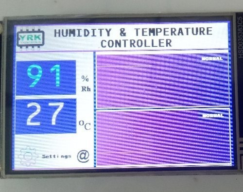 Model Name/Number YRK THT01Controller Type Digital Touch Screen ControlledVoltage 180-240 V ACDisplay Size 3.5 inch colour displayBrand YRKAccuracy +/- 2%Connectivity PT100/NTC/K-Type ThermocoupleTemperature Range 0 to 400 DegreeC,20 to 98% RHPhase Single PhaseMaterial ABSOutput 2No.Relay(Potential Free Contact)Warranty 1 year against manufacturing defects.Display Type 3.5 inchInput Sensor PT100/NTC/K-TYPEControl Output 2 Potential free contacts(NO-C-NC)Frequency 50 HzControl Modes DigitalDisplay Method Real time with graphNo Of Alarm Modes 2Panel Size 96x96x110mmSampling Rate 100 spsSampling Time 2 secondsSet Point High and LowAlarm Output Shows on LEDMaximum Distance To Sensor 10-30 mMounting Type Din TypeHumidity & Temperature Touch Controllers