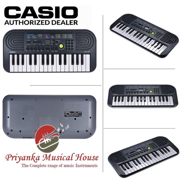 SpecificationsKeyboard32 mini-size keysMaximum Polyphony8Tones100 built-in tonesRhythms/Patterns50 built-in patternsBuilt-in Songs10 (Song Bank)Lesson FunctionMelody on/off (Lesson part: Melody part)Other FunctionsPiano tone/organ tone one-touch button5 drum padsTuning ControlA4 = approximatery 440 Hz ± 99 centsDisplay ScreenLCDSpeakers8cm x 2Amp Output0.5W+0.5WInput/Output TerminalsHeadphones/output (3.5mm mini stereo jack)External power (9.5V DC)Power RequirementsBatteries: AA-sizex6/Optional AC adaptor: AD-E95100LDimensions (W x D x H)446 x 208 x 51mm* Excluding music stand, and other projectionsWeight1.0kg (Excluding batteries)Included AccessoriesSong bookFeatures32 Mini Sized KeysThe SA-47 (Green Shell Base) features 32 Mini Sized Keys which are great for younger players and would fit comfortably in your child’s hand100 High Quality Tones & 50 RhythmsExplore the 100 Tones and 50 Rhythms and find an incredible variety of life-like instruments. The LSI Sound Source and the 8 note polyphony ensure good quality soundClear LCD DisplayThe clear and crisp LCD display acts as an excellent visual guide for selecting different music options. This makes the keyboard more fun and easier to operate FeaturesSongs from over the worldThe SA-47 features 10 built-in songs to play along with and get things started5 Percussion Pads & Piano/Organ ButtonYour child can easily switch between Piano & Organ Tone with an on-board button. The 5 percussion pads help him or her to showcase creativity in each performanceHeadphone OutputThe SA-47 comes with a 3.5mm jack to connect headphones so that your child can practice in peace