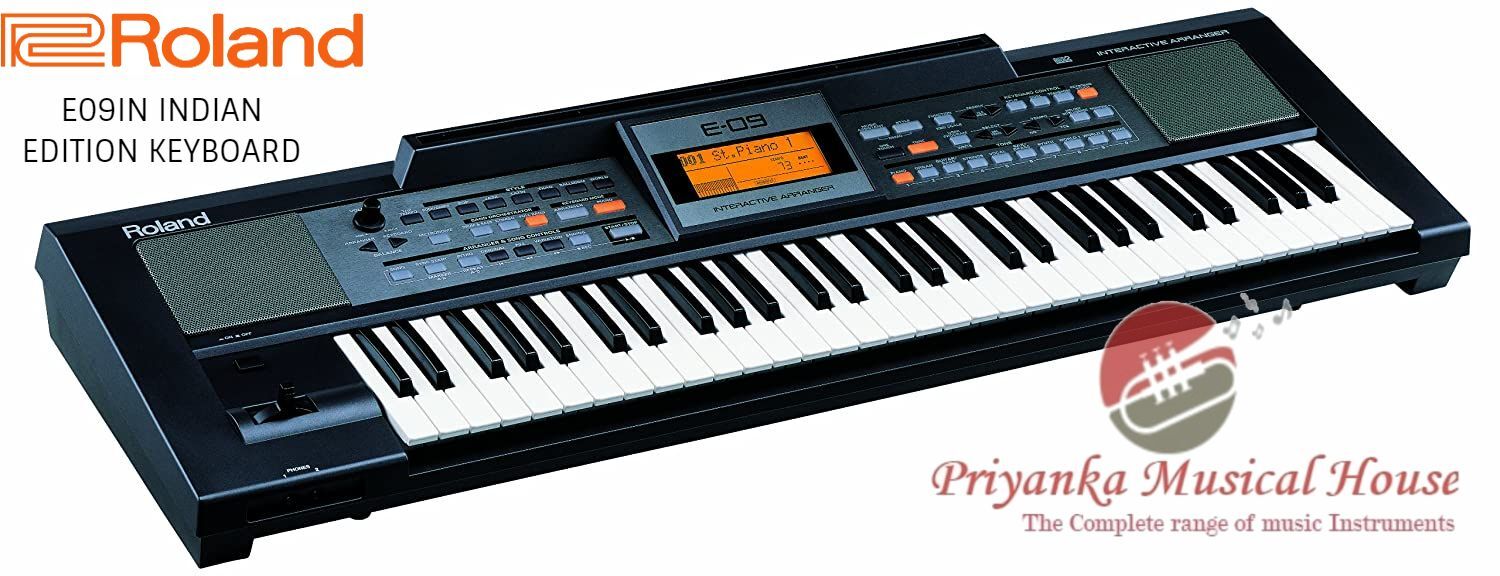 Roland E-09IN Indian Edition Interactive Keyboard Arranger is Experience the joy of playing your own Indian Instruments like Harmonium, Sitar, Santur,Shehnai & Tabla on the special Indian Edition of E-09IN. Its high quality Indian sound engine and Indian rhythms are first class. Coupled with Tabla Tanpura Function makes it fun to learn Indian Classical music whether for home enjoyment, educational applications or solo performances .The E-09IN will impress and inspire your creative instincts.Newly Sampled Natural Indian TonesYou don’t have to be an accomplished keyboardist to make great music with the E-09IN. Right out of the box, it’s now loaded with one-touch INDIA button that you can control and embellish for an impressive performance. 676 tones including 56 Indian voices. Onboard styles include Indian, Western, Middle Eastern and Asian.New Indian StylesThe E-09IN’s impressive sounds and interactive styles make it a great tool for creating songs. That’s why Roland equipped this keyboard with 63 Indian styles for capturing and developing your musical ideas. There’s even a Music Assistant for quick, friendly operation.133 Music Assistant with 69 programmed for Indian music.Great Indian Sounds, Rhythms and Music Assistant on BoardNow with E-09IN, you can play hundreds of authentic sounds, rhythms including Indian ones. Sound like a professional whether playing western/Indian classical music or popular Indian songs. Music Assistant gives you instant access to over hundred useful settings for your favorite songs and performances.Learn Western/Indian Classical Music with Tabla Tanpura Function-:Learning vocal or classical dance training alongwith song performance has never been so easy. Now with one dedicated button, enjoy over thirty Tabla Tanpura rhythms with variations for your daily practice or outstanding performance on stage.One Keyboard for All Trinity Exams and for Band Performances-:E-09IN has all specifications suitable for appearing for Trinity Exams from Beginners to Grade-8 .you can also use it for your Band pro-grade performances.FEATURES:676 tones including 56 Indian Voices ( dedicated India Button)135 styles including 63 Indian styles133 Music Assistant with 69 programmed for Indian musicAdditional Tabla Tanpura function for Indian classical musicDual button, Split function, Pitch bend100 user programs can be used as Registration memorySuitable for Trinity exams from Beginners to Grade 8Dual Headphone output useful for teacher and studentStereo Left and Right line out.