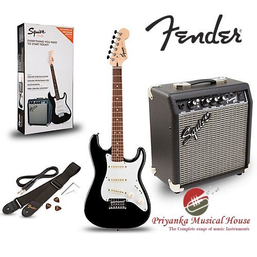 A perfect choice for guitarists, the Squier Strat Pack has everything you need to playing right out of the box. The Stratocaster is ideal for beginning players and provides a comfortable playing feel. It includes a lightweight body, a vintage-style tremolo bridge for classic pitch effects and three single-coil pickups for classic Strat tone. We also included a free 3-month subscription to Fender Play®—the easiest way to learn guitar.The included Squier Frontman® 10G amplifier is the perfect companion for jamming thanks to its aux input that allows you play along with your favorite songs or backing tracks, as well as a headphone jack for silent practice. The Squier Starter Strat Pack also comes with a padded gig bag, strap, cable and picks—everything you need to stop dreaming and start playing.FEATURESComfortable “C”-shaped neck profileThree single-coil Stratocaster pickupsVintage-style tremolo bridgeIncludes: Free 3-month subscription to Fender Play, Frontman® 10G guitar amplifier, padded gig bag, instrument cable, instrument strap and picksVINTAGE-STYLE FENDER TREMOLOEvoking the Stratocaster guitars of the 1950s and '60s, this model features a vintage-style Fender tremolo for authentic design and performance.“MODERN C”-SHAPED NECKThis guitar sports a modern neck designed for comfort and performance with a contemporary “C”-shaped profile.EVERYTHING YOU NEEDThis bundle has everything you need to start rocking straight out of the box, including a free 3-month subscription to Fender Play, a padded gig bag, pack of picks, a comfortable and durable guitar strap and a 10-foot instrument cable.BODYBody Material: PoplarBody Shape: Stratocaster®Body Finish: Gloss PolyurethaneNECKNeck Material: MapleNeck Finish: Satin UrethaneNeck Shape: