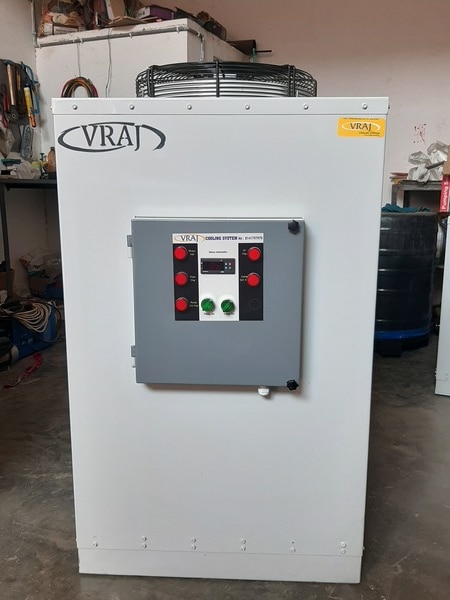 VRAJ COOLING SYSTEM provides a high quality Plastic Processing Water Chiller which helps for plastic industries to get their finished product's good quality and good finishing. Plastic Processing Chillers available from 1 TR to 10 TR or above in both the type, 1. Water Cooled Chiller and 2. Air Cooled Chiller. Basic description for these types of chillers are below:-1. Emerson/Danfoss Compressor- Scroll Type or Reciprocating Type as per needs and Capacity of chiller2. MS Body with powder coating3. Kirloskar Water Circulation pump as per requirements of flow rate per minutes or hour4. Evaporator is Plate Type or Shell and Tube Type or Cooling Coil type as per requirements5. Siemens Electrical Panel with safety features included- High Pressure, Low Pressure, Phase Fail, Flow Trip Indications 6. Air Cooled or Water Cooled condenser with AL. fins & copper tube type7. Axial Fan of Standard make
