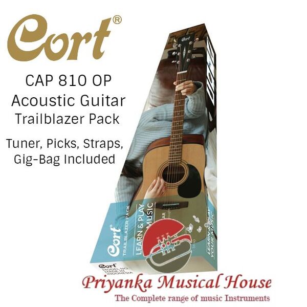 The Trailblazer acoustic guitar starter pack(CAP810) offers a great all-in-one solution to get started playing at a very affordable price. It includes Cort’s best-selling, full-sized AD810 dreadnought acoustic guitar, a gig bag, comfortable shoulder strap, picks, and an electronic guitar tuner to get you playing right away. Whether you're looking for a great gift for your budding musician or an affordable way to get started yourself, the Cort Trailblazer Pack is the right choice.CAP810 Trailblazer PackOpen PoreFeaturesSpecificationsImagesVideoFeaturesAD810Included in the package is Cort’s best-selling AD810 model. AD810 is from our Standard Series that offers solid performance for beginners and hobbyists alike with robust build and sound quality that is suitable for many playing situations. AD810 features Spruce top and Mahogany back and sides for traditional balanced sound, while the full-sized dreadnought body offers full body output and plenty of projection.Spruce TopSpruce provides an ideal balance between strength and flexibility, hence its overwhelming popularity as the wood of choice for tops of acoustic guitars. Spruce’s versatile sonic character makes it ideal for a variety of musical genres and playing styles.Mahogany Back & SidesBright yet natural with a strong and warm midrange, the beloved mahogany wood has been a standard for back and sides on premium acoustics for many decades.Open Pore FinishNot only does the open pore finish enhance the resonance of the woods but it also reduces the weight of the guitar for improved playability.Coated StringsHigh-quality coating on the strings resist humidity, dirt and sweat for long string life and improved playability. Specially outfitted on this model.Dovetail Neck JointStrongly joined with meticulous workmanship by experienced craftsmen, the dovetail joint transfers the body’s vibration and resonance to the neck with no loss of energy and with plenty of detail.Cort E310C TunerThis clip-on electronic tuner provides quick and accurate tuning with easy-to-read backlit display, and its compact size and light weight makes it more adequate for clipping on to a headstock.PicksCort medium thickness picks are included.StrapsComfortable shoulder strap is included.Gig-BagGreat for carrying your guitar around, the gig bag also helps prevent unwanted dust from contaminating your guitar while it is stored.FeaturesSpecificationsImagesVideoSpecificationsCONSTRUCTION Dovetail Neck JointBODY DreadnoughtNUT WIDTH 43㎜ (1 11/16