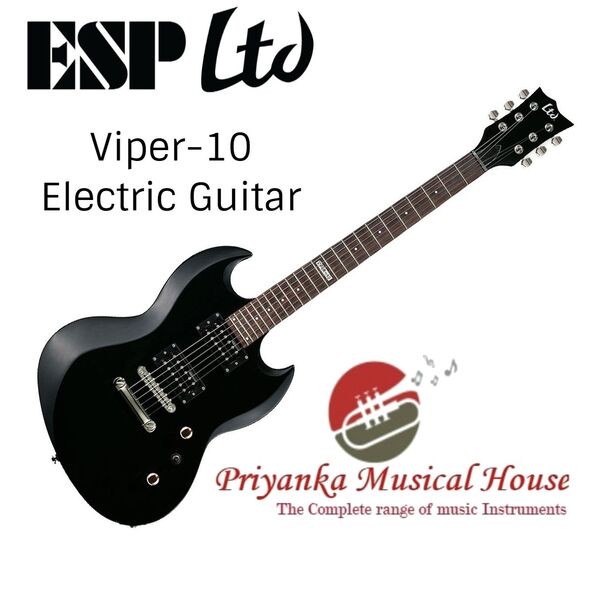 LTD’s Viper Series offers the cool double-cutaway look that’s perfect for metal, hard rock, blues, and so much more. With the Viper-10 Kit, you get both a great starter electric guitar and a gig bag. It has the great sound of two ESP Designed LH-100 humbucking pickups, and a fast thin maple neck with a 24-fret fingerboard. The included gig bag is perfect for taking the Viper-10 to lessons and to jams at friends’ houses.SpecificationsCONSTRUCTIONBolt-OnSCALE24.75