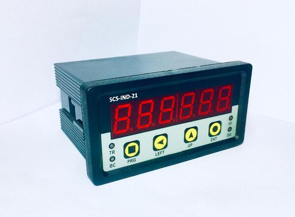 Weight indicator SCS-IND-21Features:	Exclusive product of SHIVAM CONTROL SYSTEMS	Customized program 	8 inputs and 8 outputs	Input supply: 24 VDC	Without electromechanical components	Can be used for Bagging, Batching and weight indicating purposes	Available with and without I/O	485 or 232 communication protocol support