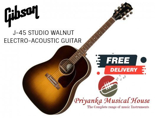 Walnut BurstTurn heads with this unique J-45 Studio. Hand built using walnut back and sides with a Sitka spruce top. The slim body depth allows for increased comfort underarm and the flatter fingerboard allows a finer playability. Available in both Antique Natural and Walnut burst finishes, as well as lefty! Finished with a Fishman Sonitone pickup for easy studio quality plug and play anywhere!J-45 Studio Walnut SpecificationsJ-45 Studio Walnut Hardware J-45 Studio Walnut Neck and Side J-45 Studio Walnut Back and NeckBodyBody ShapeJ-45TopSitka spruceBackWalnutSideWalnutBracingTraditional hand scalloped X-bracingBindingMulti-ply top, single-ply backFinishNitrocelluloseNeckMaterialMahoganyProfileAdvanced ResponseScale Length24.75