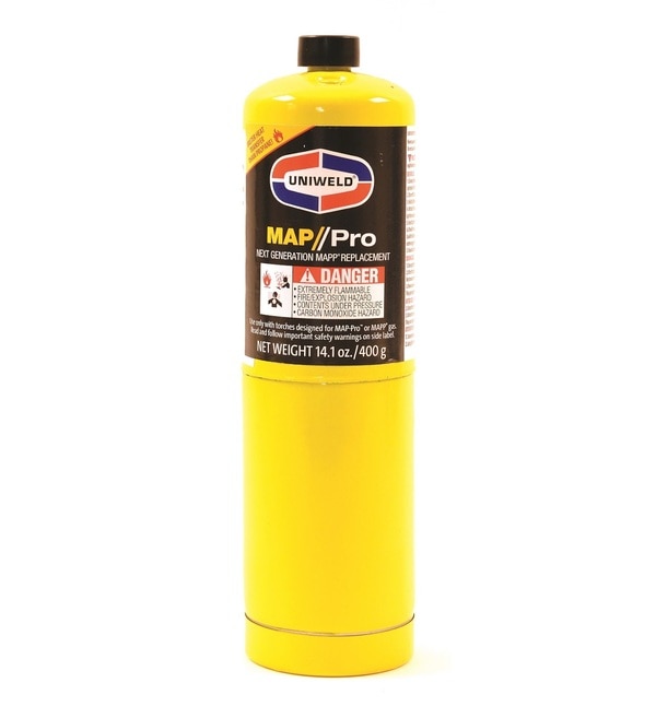Uniweld MAP PRO Gas for Brazing & Welding Hard Copper PipeUniweld MAP PRO Gas for Brazing & Welding Hard Copper PipeThe Uniweld MAP-Pro Hand Torch Cylinder contains premium fuel suited for a variety of job site projects including soldering large copper pipes, brazing and heat treating. Constructed of durable steel, the slim, lightweight cylinder is easy to grip and maneuver. Flame temperature in air is 3,730 degrees Fahrenheit. Now Braze Hard Copper Pipe without Carrying Heavy Oxygen Cylinders!!Braze Hard Copper Pipes Without Using Heavy Oxygen Cylinders! One Small Map Cylinder is enough to Braze Hard Copper Pipe Upto! Save Cost of Handling & Using Heavy Oxygen Cylinders.