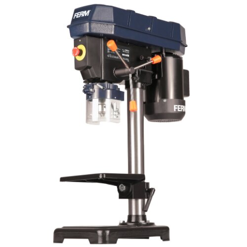 The FERM TDM1026 bench pillar drill is an ideal machine for the demanding craftsman! This robust column drill is equipped with an engine of 350 Watt and 5 different speed settings, with a maximum speed of 2500 RPM!FERM’s bench pillar drill allows you to achieve the best drilling results with materials such as steel and wood. Use the keyed chuck to securely fasten different types of drills (max. drill bit: Ø13 mm). The V-belt drive is on top of the machine, well protected in a metal housing. When the housing is open, it is not possible to start the engine for safety reasons. Thanks to the red emergency button and transparent safety cover, you can work safely.The worktable (160 x 160 mm) is adjustable in height and can also be tilted to an angle of 0 to 45 °. In addition, the drilling depth stop allows you to determine exactly how deep the drill should go in the material (maximum bore depth: 52 mm). Since the base plate is equipped with screw holes, you can easily attach the pillar drill to your workbench.Where is this article suitable for?The FERM column drill is suitable for drilling materials such as steel and wood.The most important benefits of the FERM bench pillar drill:- 5 different speed settings- Equipped with a metal keyed chuck to secure different types of drill bits properly- Good view of your work thanks to transparent safety cover- Drilling depth stop- Safety switch- Stable foot- Worktable is adjustable in heightDetails-Most important specifications:- Power consumption: 350W (S2 30min).- Mains voltage: 230V~- Power frequency: 50 Hz- Number of adjustable speeds: 5 (500,890,1400,1900,2500 min-1)- No load speed: 500-2500/ min-1- Table size: 160x160mm (Tiltable -45° to 45°)- Chuck capacity: 13 mm- Maximum drilling depth: 52mm- Maximum spindle to table distance (lowest position): 215mm- Maximum spindle distance from the foot: 303mm.- Total height: 600mm- 2 meter long power cable- Weight: 13.7 kgMore Information-Gross weight	16.0000Power input	350WNo load speed	500-890-1400-1900-2500 /min.Table dimensions	160 x 160 mmChuck capacity	13 mmNumber of speeds	5Morse taper	B16Mains voltage	230V~Frequency	50HzIncludes	Chuck key