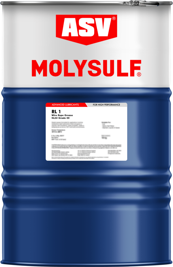 RL 1Grease For Wire Ropes & Steel CablesExtreme pressure semi fluid greaseContains MOS2 lubricating solidsProvides lubrication & corrosion protectionService rating from -25°C to +150°CHeavy duty, extreme pressure semi fluid grease with MoS2 solid lubricantProduct Description ASV RL1 is a highly adhesive, semi fluid extreme pressure grease for lubrication and corrosion protection of wire ropes and steel cables operating under adverse conditions of load, temperatures or environment. It penetrates rapidly through wire rope strands to leave a completely water resistant heavy duty lubricating film which provides both internal as well as external lubrication & corrosion protection. The solid lubricants prevent wearing and premature damage of internal strands and increase the life of the wire ropes. ASV RL1 forms a protective and lubricating waterproof film over the surface which does not emulsify even if submerged in water.Applications On wire ropes and steel cables in all cranes, ships, hoists, elevators especially exposed to marine environment or under adverse operating conditions.Benefits Protect against heavy loads, galling, and seizing Molybdenum disulfide solid lubricant & EP additives withstand high loads and pressures Reduces wear and friction Resists vibratory shocks Does not break down or melt or fling under prolonged use Effectively provides lubrication & corrosion protection even to the innermost strands 