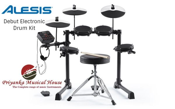 DEBUT KITQuiet Electronic Drumkit with Everything You Need!DEBUT KITOverviewFeaturesDownloadsImagesDEBUT KITOverviewFeaturesDownloadsImagesFEATURES(4) 6-inch Adjustable Mesh Head Drums(3) 10-inch CymbalsBass Drum and Hi-Hat Floor PedalsSturdy metal mounting rackDM-Lite drum module with 10 kits and 120 soundsConnect to a computer or music player for play-alongDrum throne, sticks, headphones, and cabling includedMelodics learning software includedCONTENTSDebut drum rackDebut sound module(4) 6” / 15.2 cm drum pads(3) Cymbal poles(3) 10” / 25 cm Cymbal pads(2) Floor pedals (hi-hat and kick)Cable snakeSound module power adapter(2) SticksDrum StoolHeadphonesDrum keyVelcro strapUser GuideSafety & Warranty Manual