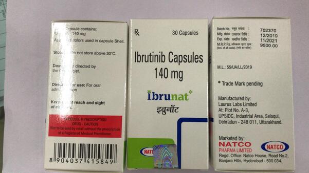 Ibrunat 140mg (Ibrutinib), is a small molecule drug that binds permanently to a protein, Bruton's tyrosine kinase, that is important in B cells. It is used to treat B cell cancers like mantle cell lymphoma, chronic lymphocytic leukemia, and Waldenström's macroglobulinemia.