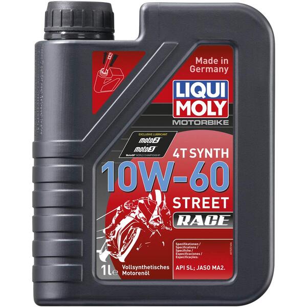 MOTORBIKE 4T SYNTH 10W-60 STREET RACEDeveloped for air and water-cooled 4-stroke engines exposed to normal to extreme operating conditions. For sporting applications. Suitable for engines with or without a wet clutch.Fully synthetic high-performance motor oil. Ensures maximum performance and protection of the engine under all operating conditions. Optimum lubrication, outstanding engine cleanliness, excellent friction and minimum wear are just as much taken for granted as gentle clutch engagement and disengagement and gear shifting. That makes a big difference to driving enjoyment! Tested on engines with catalytic converters. Tested on racing machines.