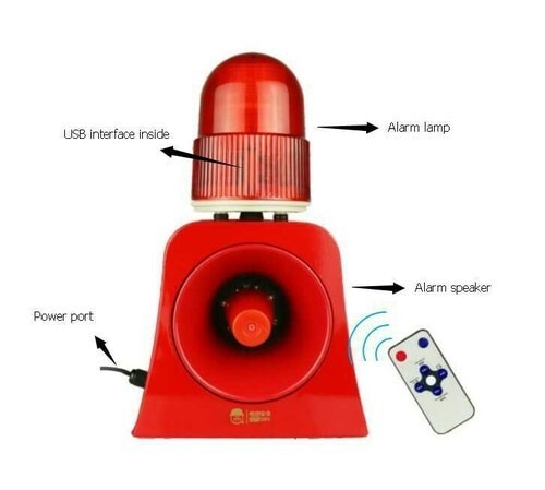 Features:Audio Visual Alarm with IR Remote Adjustable Sound(HIS-SF-103)Introduction This product is a kind of alarm device giving warning signals through audible and visual alarm.When HIS-SF-503 power on, alarm light will flash and it will have voice alert.This device is applied in large hoisting machinery, engineering vehicles, banks, government agencies, buildings, villas, forest park, border defense system and security service company and other areaFeatures Support for loading MP3 audio playing, good sound quality. Replace alarm sound through USB disk.Can select alarm sound or adjust volume by infrared remote controller. Wide voltage range of power supply.Alarm light and warning signal are integrate together easy to install. Weather-proof circuit technology waterproof and dust-proof.*Weight: 1.1 kg*Output Power: 30 W*Sound Noise: 120 db*Built-in SPI Memory: 4M bit~64M bit*Voice Length: 2000 seconds max*Body Material: Mild steel