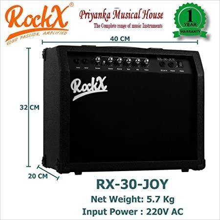 RockX Solid State Combo Guitar Amplifier RX-30-JOY * 30 Watt * 4 Ohms * 8” Speaker * Mfg. by Sound Labs – INDIA.2 Input Connections for Guitars * Line In * Clean & Overdrive Selector with variable Crunch-Gain-Distortion * Headphone Out * Separate Volume control for Clean & Overdrive* Full Wooden Cabinet with PU Leather Wrapping * Extra Long Power Cord * 1 Year Warranty with Service Centers in Multiple States5 Meter Extra Long Auxiliary Guitar Cable with 6.5 mm Jack * Stylish Sling Bag * Travel Friendly, Weather and Duct Protect Nylon Cover/Bag Included.The Amplifier is Specially made keeping in Mind the Liking and the Equipment Requirements of the Indian Guitarist.