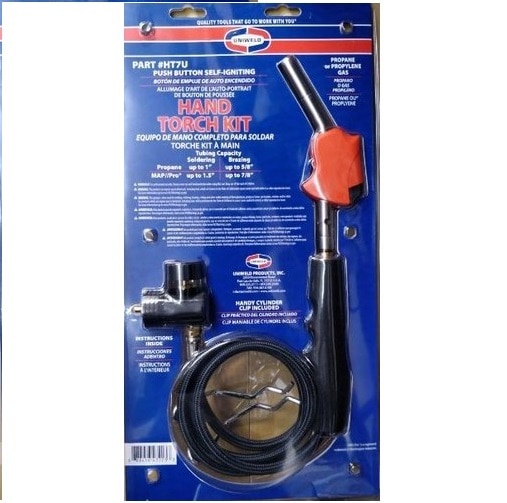 HAND TORCHES (SELF-IGNITING With Hose )Uniweld's Self-igniting Hand Torches eliminate the need for a flint lighter. Lightweight and portable, these flame tools can be operated with Propane or MAP//Pro™ (Propylene).Uniwelds HT7U Hand Torch is designed for small jobs in tight spaces where access is limited. Lightweight and portable, the HT7 handtorch can be operated with propane or propylene disposable cylinders (CGA600), provides a stable flame, even in windy conditions, and features a 360 degree swivel tip for working in close quarters.