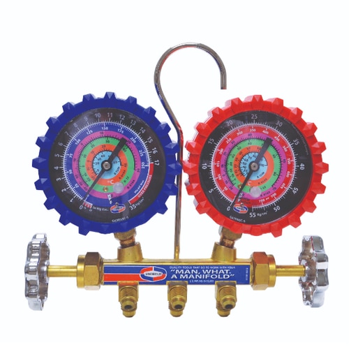 UNIWELD QS8N3SM-5 2-VBrs/Mnfld(R410A/R22/R404A/134a)PSI/Kg-CM2 C 3' Hose, 2 Valve Aluminum Manifold with 3-1/8″ NPF® Gauges; Uniweld’s SpiritManifold is designed and built right here in the U.S.A, proudly emphasizes the quality and the superior workmanship that signifies American Made.Lightweight extruded aluminum body,Easy-grip handles for positive control, Double O-Ring piston valve for long reliable service,Easy access front hose holders.