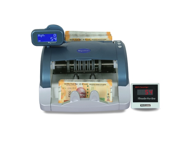 Mycica 2925 - Loose Note Counting Machine dealer and supplier in Ahmedabad, Baroda, Rajkot, Surat, Gandhidham, Jamnagar.Features & Functions Auto-start Counterfeit note detection using Ultraviolet & Magnetism test. LCD Display on the machine and Additional External LED Display. Detects Counterfeit & Pre 2005 notes Upgradable software Buzzer and Error indicator for chained notes, double notes, jammed bank notes, half note, counterfeit note detection