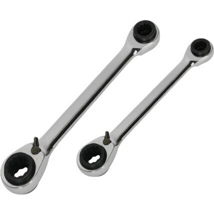 Torx Ratchet Spanner Set, 8 - 19mm, Set of 2MetricDouble ended ratchet spanners with 12 sizes each. These spanners fit mm, inch and E-TORX fasteners saving space and weight in the toolbox. The 72 teeth lever ratcheting system requires only 5° movement to operate making them ideal for use in tight areas. Made from high quality chrome vanadium steel with mirror polish finish to prevent oil and dirt from adhering to the spanner.Contents8, 10, 11 and 13mm/5/16