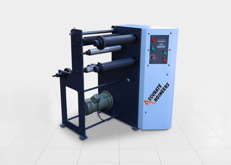 WORKING WIDTH 288MM , MACHINE PRODUCTION -25 BOX/ DAY, SEMI AUTOMATIC MACHINE, FULLY COVERED WITH POWDER COATED SAFETY COVER, HEAVY DUTY MACHINE , TURRET TYPE FOUR SHAFT SLITTER MACHINE FOR ADHESIVE TAPE.