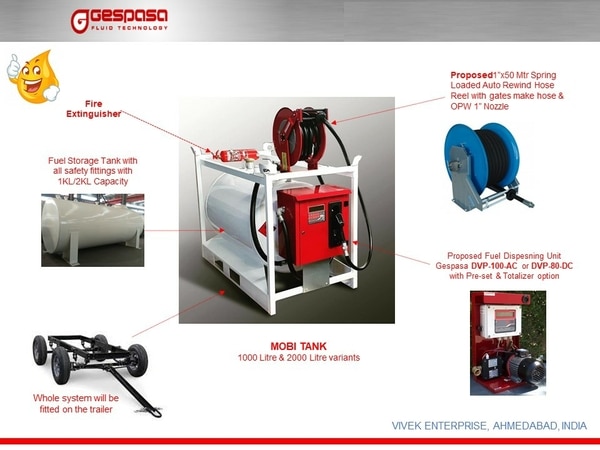 Mobile Fuel station with Hose Reel, Tank, Fuel Dispenser ,trailer etc. easy to use and convenient for fuel Handling. use full for ship port, Transporter, Mining Areas etc