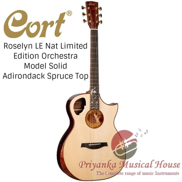 Cort Roselyn LE Nat Limited Edition Orchestra Model Solid Adirondack Spruce Top Semi Acoustic GuitarRoselyn LEInspired by arts and crafts of the 19th century Art Nouveau era, the Roselyn LE is a true masterpiece that incorporates both classic and modern aesthetics and guitar building techniques. It all started with a carefully crafted wooden inlay in the center of the guitar with a portrait of a young woman holding a rose, and the name Roselyn was born. Unique features such as an off-set sound hole on top and sound port on side, bevel cut on body arm rest, and elegant looking vine/flower mother-of-pearl inlay that branches out from the center inlay all contribute to the beauty and uniqueness of the Roselyn LE.FeaturesSolid Adirondack Spruce TopFor the Limited Edition models, only the highest grade woods (Master Grade) were used and Adirondack Spruce fits the bill with its strength and extreme dynamics and sensitivity. Even at full volume, you will still be able to hear smoothness in the tone without losing any definition.Solid Rosewood Back & SidesRich and deep, warm yet punchy with an ideal sprinkling of sweet presence, rosewood imparts a big low-end with plenty of power and volume for use in any musical style.Special Designed Rosette & Side Sound PortThe “Roselyn” inlay in the center is crafted in meticulous detail, and with the addition of vine and flowers m.o.p. inlay branching out into the dark ebony, the guitar almost looks like an artwork from 19th century. Instead of a conventional sound hole in the center of the body, an off-set sound hole is cut out in a seed shape to go along with the body outline. There is a second sound hole, a Sound Port, on the lower part of the side of the body which affects the Helmholtz properties of the body and enhances the dynamics and the treble of the acoustic tone. It also allows the player to better monitor the natural sound of the guitar during performance.OM Cutaway BodyThe OM’s compact size is ideal for players with a small body frame or seeking playing comfort. The bright and stronger high-midrange emphasis is more suited for fingerpicking than strumming which often requires more low-end. The Florentine cutaway on this model allows easy access to the high frets.5pcs Mahogany & Walnut NeckThe 5-piece neck not only provides strength and stability but a strong and focused sound in conjunction with the body’s acoustic resonance.Gotoh® 510Z GoldFeaturing an extremely precise 21:1 tuning ratio, these tuners feel solid and ultra-smooth at the same time. The elegant and streamlined knobs also reduce fatigue during the tuning process. You will feel the quality of these tuners the moment you start tuning the guitar.L.R. Baggs® AnthemThe L.R. Baggs® Anthem pickup/preamp system delivers the pure acoustic vibrations of the instrument to the amplifier and PA without any coloration. Unneeded feedback can also be easily and effectively controlled through minimalistic controls that do not interfere with the look of the instrument.Ebony FingerboardThere are many types of woods that are used for fingerboard but no other compares to the jet-black beauty and slick smoothness of Ebony.Ebony Bridge PinsThe high density of Ebony wood keeps the fundamental acoustic sound focused and tight with greater sonic projection than plastic, enhancing the transfer of the string vibrations throughout the soundboard top, body and the neck. SpecificationsCONSTRUCTION DoubleLock Neck JointCUTAWAY FlorentineBODY OM(Orchestra Model)NUT WIDTH 1 11/16
