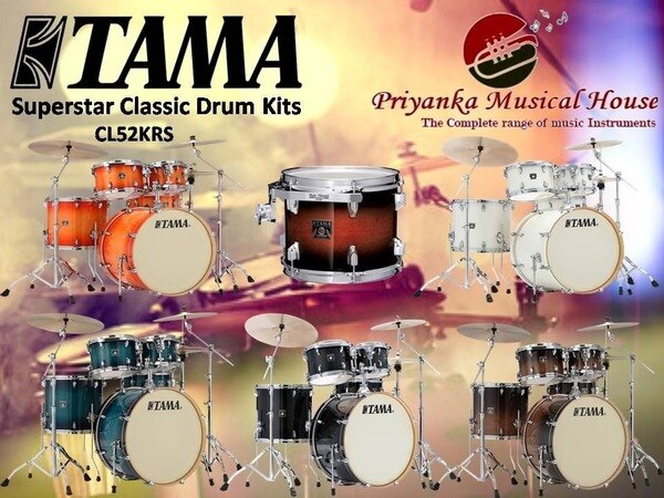 Tama Superstar Classic CL52KRS TPB Lacquer Finish 5 Pcs Drum KitFor more than forty years, the Superstar name has stood for groundbreaking design, superior build quality, sterling tone, and clear projection. Superstar Classic once again upholds tradition by raising the bar for discerning drummers—and remarkably—does it while also lowering the price. Drawing on Superstar of the past, its classic TAMA T-shape badge and streamlined low-mass single lugs point to the simpler state of art of the 70's, while the ingenious Star-Mount system and new thinner gauge 100% maple shells eclipse anything in its classSuperstar Classic Maple Basic Kit CL52KRS: Lacquer FinishCK52KRS: Unicolor WrapDescription Q'ty16