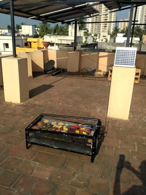 1.75 ft X 3ft SS 304 fabricated sheet Metal structure with blackpowder coating food grade and 2 nos ALLUMINIUMPERFORATED/ tray. Size 16” x 32” with food grade blackcoated as shown in pic. Capacity per tray 3 to 4 kg, .. 1 nos offan (3”) and solar panel ( 5 WATT) for moisture removal, TopCover UV filter Poly Carbonate solid Sheet Unbreakable and 4nos castor wheel for easy movement . Proper dust proof insectproof and waterproof construction for hygiene drying of alltypes of farm produce , Control circuit for fan regulation .