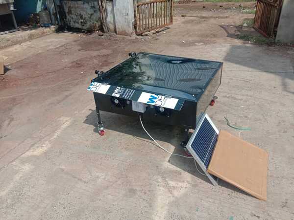 3ft X 3ft inclined structure SS 304 fabricated sheet metal andcoated black with food gradepowder coating with 4 nosALLUMINIUM PERFORATED tray Size 16” x 32” with foodgrade black coated as shown in pic. Capacity per tray 3 to 4 kg, . With 1ft height leg and castor wheel FOR EASY MOVEMENT.2 nos of fan (4 ”) and solar panel (10 WATT) with proper fancontrol switch and fan regulation circuit , for moistureremoval, Top Cover UV filter solid Poly Carbonate SheetUnbreakable . Proper dust proof insect proof and waterproofconstruction for hygiene drying of all types of farm produce