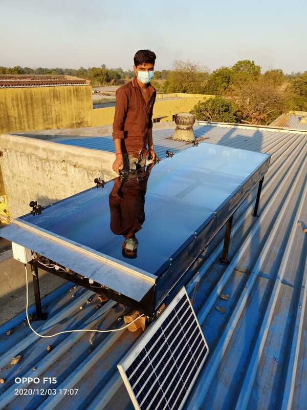 10ft X 3ft inclined SS 304 fabricated structure with Highquality food grade black powder coating with 12 nosALLUMINIUM PERFORATED tray. Size 16” x 32” with foodgrade black coated as shown in pic. Capacity per tray 3 to 4 kg,With 2ft height leg and castor wheel FOR EASY MOVEMENT. 3nos of fan (4”) and solar panel 30 watt with proper fan controlswitch and fan regulating circuit for moisture removal, TopCover UV filter solid Poly Carbonate Sheet Unbreakable .Proper dust proof insect proof and waterproof constructionfor hygiene drying of all types of farm produce