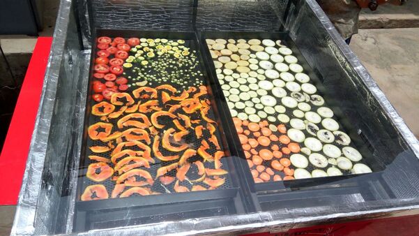 3ft X 3ft inclined structure SS 304 fabricated sheet metal andcoated black with food gradepowder coating with 4 nosALLUMINIUM PERFORATED tray Size 16” x 32” with foodgrade black coated as shown in pic. Capacity per tray 3 to 4 kg, . With 1ft height leg and castor wheel FOR EASY MOVEMENT.2 nos of fan (4 ”) and solar panel (10 WATT) with proper fancontrol switch and fan regulation circuit , for moistureremoval, Top Cover UV filter solid Poly Carbonate SheetUnbreakable . Proper dust proof insect proof and waterproofconstruction for hygiene drying of all types of farm produce