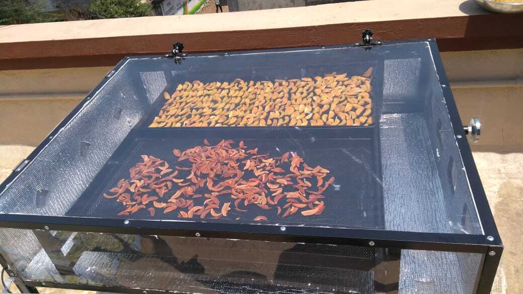 3ft X 3ft inclined structure SS 304 fabricated sheet metal andcoated black with food gradepowder coating with 4 nosALLUMINIUM PERFORATED tray Size 16” x 32” with foodgrade black coated as shown in pic. Capacity per tray 3 to 4 kg, . With 1ft height leg and castor wheel FOR EASY MOVEMENT.2 nos of fan (4 ”) and solar panel (10 WATT) with proper fancontrol switch and fan regulation circuit , for moistureremoval, Top Cover UV filter solid Poly Carbonate SheetUnbreakable . Proper dust proof insect proof and waterproofconstruction for hygiene drying of all types of farm produce