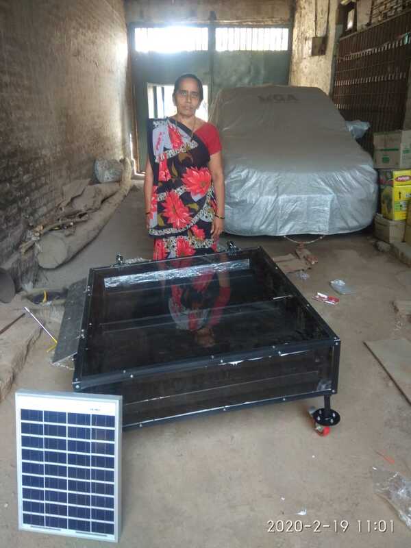 3ft X 3ft inclined structure SS 304 fabricated sheet metal andcoated black with food gradepowder coating with 4 nosALLUMINIUM PERFORATED tray Size 16” x 32” with foodgrade black coated as shown in pic. Capacity per tray 3 to 4 kg, . With 1ft height leg and castor wheel FOR EASY MOVEMENT.2 nos of fan (4 ”) and solar panel (10 WATT) with proper fancontrol switch and fan regulation circuit , for moistureremoval, Top Cover UV filter solid Poly Carbonate SheetUnbreakable . Proper dust proof insect proof and waterproofconstruction for hygiene drying of all types of farm produce