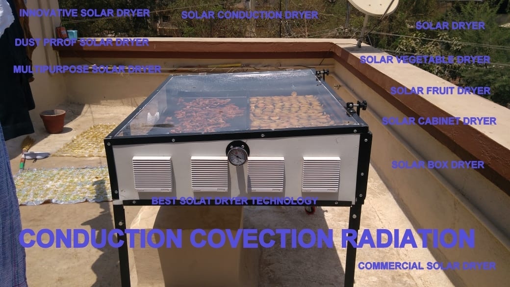 3ft X 3ft inclined structure SS 304 fabricated sheet metal andcoated black with food gradepowder coating with 4 nosALLUMINIUM PERFORATED tray Size 16” x 32” with foodgrade black coated as shown in pic. Capacity per tray 3 to 4 kg, . With 1ft height leg and castor wheel FOR EASY MOVEMENT.2 nos of fan (4 ”) and solar panel (10 WATT) with proper fancontrol switch and fan regulation circuit , for moistureremoval, Top Cover UV filter solid Poly Carbonate SheetUnbreakable . Proper dust proof insect proof and waterproofconstruction for hygiene drying of all types of farm produce