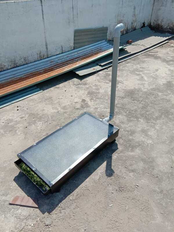SIZE 432mm X 865mm box type structureMATERIAL fabricated with Alluminium Sheet metal FoodGrade COATING Coated with High Absorbing Selective coating,TRAY 1 NO Alluminium perforated Coated Food grade Size16” x 32” Capacity per tray 3 to 4 kg CHIMNEY PVC PIPE 2 ftheight for moisture removal FILTER Industrial grade DustProof 3 nos at bottom. TOP COVER Top Cover UV filter PolyCarbonate Sheet Unbreakable WHEEL 4 Nos castor wheel foreasy movement Solar Panel 3 watt for fan circulation Fan formoisture removal.