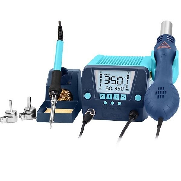 Type of Product: Hi Efficiency Thermostatic 2 in 1 De-soldering Station & Soldering StationStationDisplay: LCDAirflow Type: Air bar OutputAir volume: 23L/Min.Power Consumption: 560WHot air temperature: 100-500degCSoldering Wattage: 90WLarge LCD Display, compact, lightweight. LCD Display provides clear interface with the operator to adjusttemperature and air level.Can be used for a variety of components such as QFP, SOP, PLCC or SOJ chips for de-soldering.Upgraded micro-computer control, digital adjustment and display.ESD safe components avoid static damage.