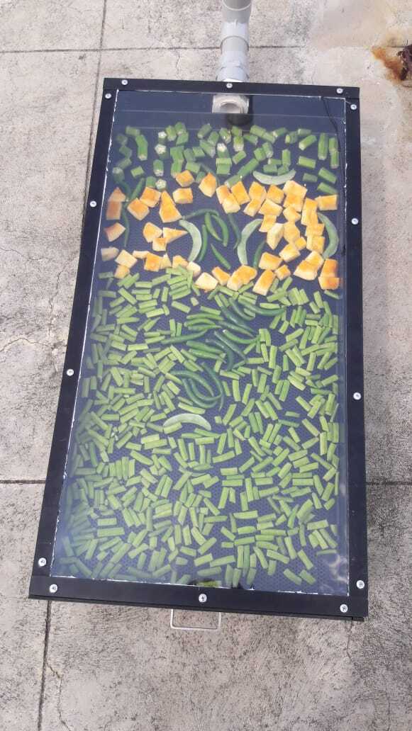 SIZE 432mm X 865mm box type structureMATERIAL fabricated with Alluminium Sheet metal FoodGrade COATING Coated with High Absorbing Selective coating,TRAY 1 NO Alluminium perforated Coated Food grade Size16” x 32” Capacity per tray 3 to 4 kg CHIMNEY PVC PIPE 2 ftheight for moisture removal FILTER Industrial grade DustProof 3 nos at bottom. TOP COVER Top Cover UV filter PolyCarbonate Sheet Unbreakable WHEEL 4 Nos castor wheel foreasy movement Solar Panel 3 watt for fan circulation Fan formoisture removal.