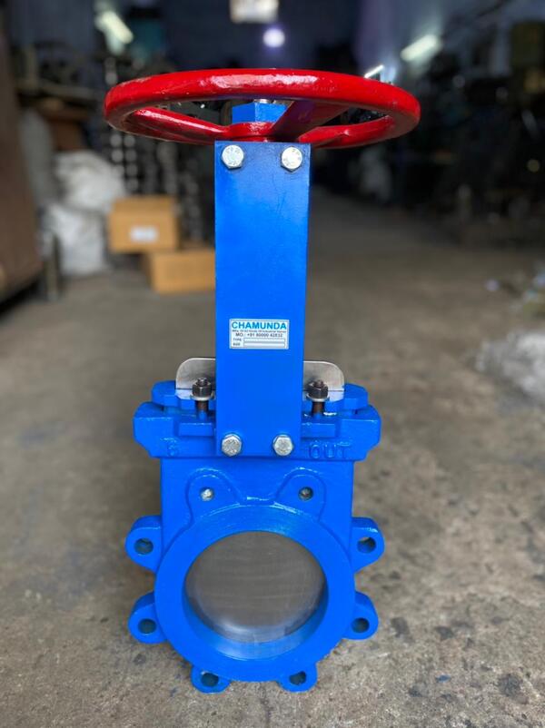 We offer a comprehensive assortment of Knife Gate Valve that is broadly used in different industries. The Valves offered by us are fabricated at our manufacturing unit using top-notch quality raw materials under the guidance of skilled professionals to ensure optimum quality.Knife Edge Gate Valve is accessible in size ranging from 50 mm to 600mm. Knife Gate Valves can withstand high temperature & abrasive slurries in Mining, Steel, Power, Chemical, and Paper Industries Ideal for high-density Slurry Lines.Our knife gate valve has a large port which provides a low pressure drop across the valve and is appropriate to handle slurries, solids, and other fluid/solid mixtures than average Diaphragm Valve, Butterfly Valves, or Ball Valves.With the quality assurance we are the largest CE Gate Valves Supplier in India. We also manufacture these gate valves according to customer specifications. The quality of these valves is intact. These are properly checked at various parameters before sending them to client. We export the whole of range of Gate Valves and Knife Gate Valves to suit clients’ application needs.CHAMUNDA ENGINEERS  are appreciated by the clients for structurally uniformed, Hydraulically engineered, Smooth functioning and Precise dimension. The Valves offered by us are in great demand in the market and finds its application in various industries for providing optimum functioningKnife Edge Gate Valve - Technical Specification Size Range:- 50 NB through 600 NBPressure Rating	ANSI - 150#Type	OS & Y TYPEEnd Connection:- 	Wafer/ LuggedOperation:- Hand wheel/ Pneumatic Actuator/Cylinder/Electrical Actuator